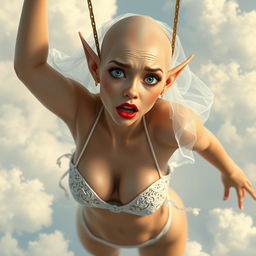 A sexy bald elf woman wearing a wedding bikini and a bridal veil, with striking blue eyes and lush red lips