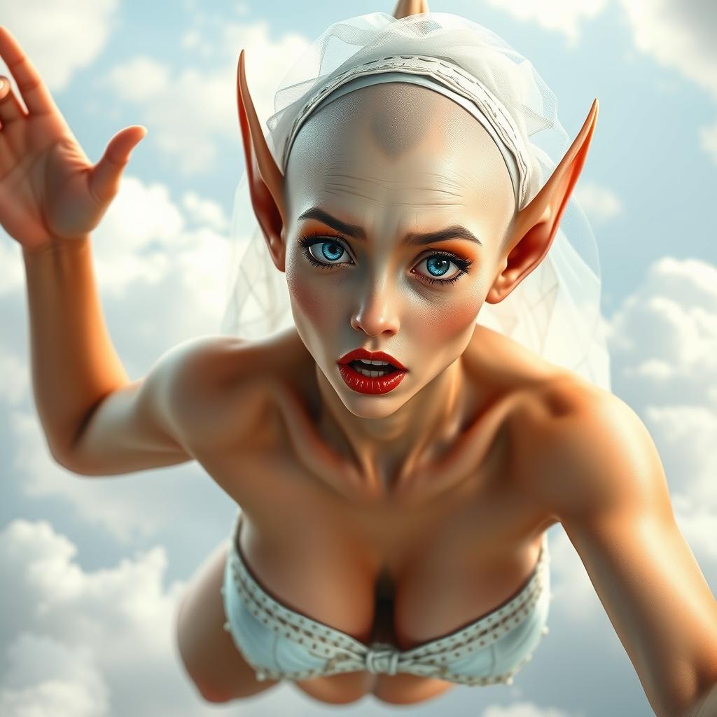 A sexy bald elf woman wearing a wedding bikini and a bridal veil, with striking blue eyes and lush red lips