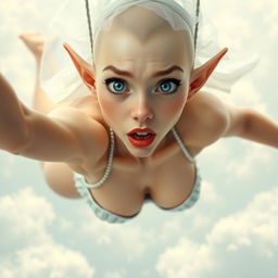 A sexy bald elf woman wearing a wedding bikini and a bridal veil, with striking blue eyes and lush red lips
