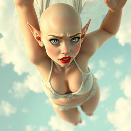 A sexy bald elf woman wearing a wedding bikini and a bridal veil, with striking blue eyes and lush red lips