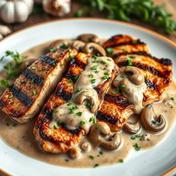 Delicious grilled chicken steak slices served with a rich creamy mushroom sauce