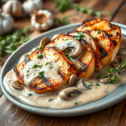 Delicious grilled chicken steak slices served with a rich creamy mushroom sauce