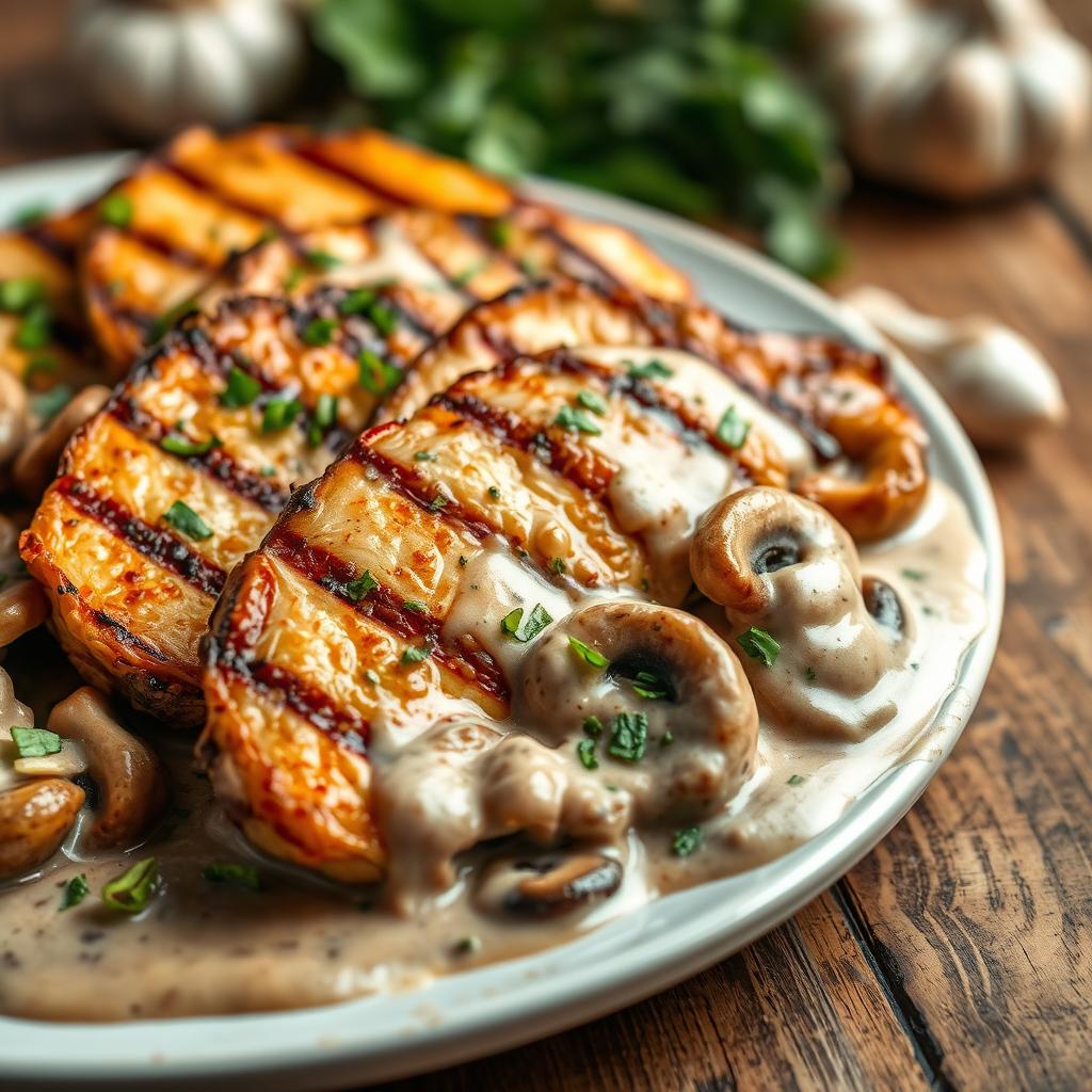 Delicious grilled chicken steak slices served with a rich creamy mushroom sauce