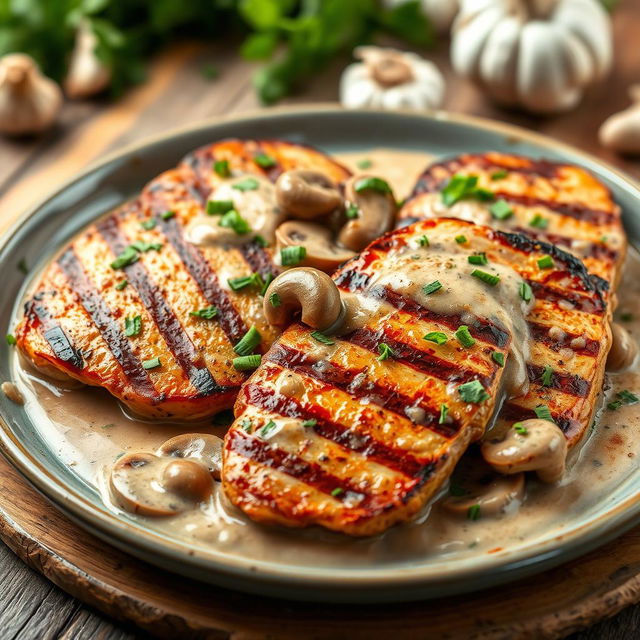 Delicious grilled chicken steak slices served with a rich creamy mushroom sauce