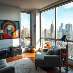 A modern living room inside a contemporary apartment located in a bustling big city during the afternoon