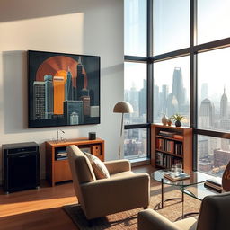 A modern living room inside a contemporary apartment located in a bustling big city during the afternoon