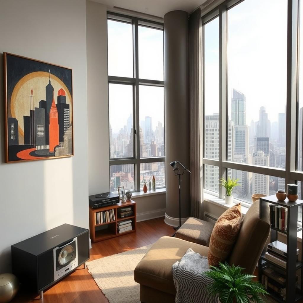 A modern living room inside a contemporary apartment located in a bustling big city during the afternoon