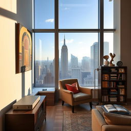 A modern living room inside a contemporary apartment located in a bustling big city during the afternoon
