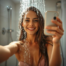 A young woman playfully taking a selfie in the shower, showcasing her confident side