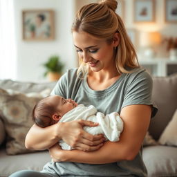 A dedicated mother gently trying to soothe her baby to sleep in her arms