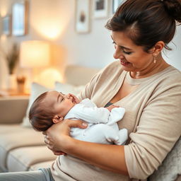 A dedicated mother gently trying to soothe her baby to sleep in her arms