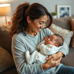 A dedicated mother gently trying to soothe her baby to sleep in her arms