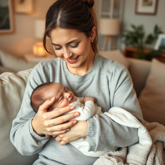 A dedicated mother gently trying to soothe her baby to sleep in her arms