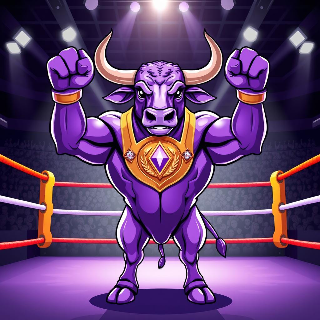 A victorious purple bull standing proudly in a boxing arena, showcasing a muscular physique and a bright, vibrant purple color