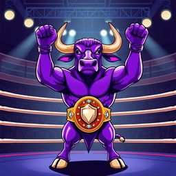 A victorious purple bull standing proudly in a boxing arena, showcasing a muscular physique and a bright, vibrant purple color