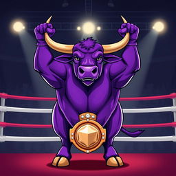 A victorious purple bull standing proudly in a boxing arena, showcasing a muscular physique and a bright, vibrant purple color