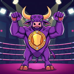 A victorious purple bull standing proudly in a boxing arena, showcasing a muscular physique and a bright, vibrant purple color