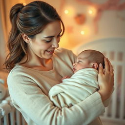 A caring mother gently trying to lull her baby to sleep in her arms