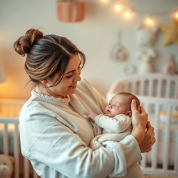 A caring mother gently trying to lull her baby to sleep in her arms