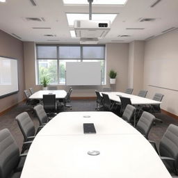 A modern conference room featuring two large meeting tables arranged elegantly, surrounded by ten comfortable office chairs
