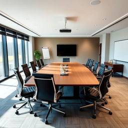 A modern conference room featuring two large meeting tables arranged elegantly, surrounded by ten comfortable office chairs