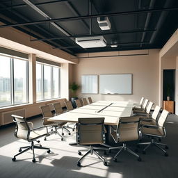 A modern conference room featuring two large meeting tables arranged elegantly, surrounded by ten comfortable office chairs