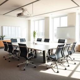 A modern conference room featuring two large meeting tables arranged elegantly, surrounded by ten comfortable office chairs