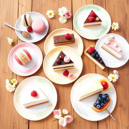A beautifully arranged display of various delicious desserts including colorful macarons, rich chocolate eclairs, creamy cheesecake slices, and vibrant fruit tarts, all styled elegantly on delicate pastel plates