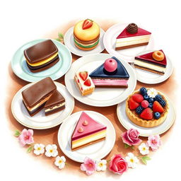 A beautifully arranged display of various delicious desserts including colorful macarons, rich chocolate eclairs, creamy cheesecake slices, and vibrant fruit tarts, all styled elegantly on delicate pastel plates