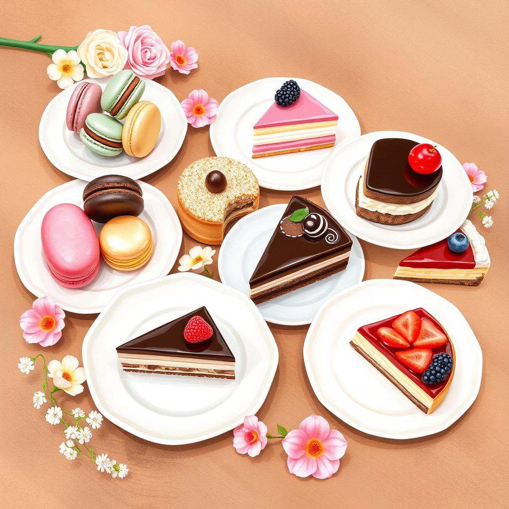 A beautifully arranged display of various delicious desserts including colorful macarons, rich chocolate eclairs, creamy cheesecake slices, and vibrant fruit tarts, all styled elegantly on delicate pastel plates