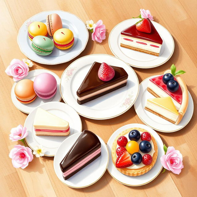 A beautifully arranged display of various delicious desserts including colorful macarons, rich chocolate eclairs, creamy cheesecake slices, and vibrant fruit tarts, all styled elegantly on delicate pastel plates