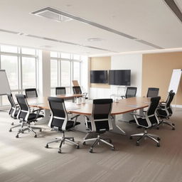 A spacious conference room equipped with two large conference tables, each stylishly arranged