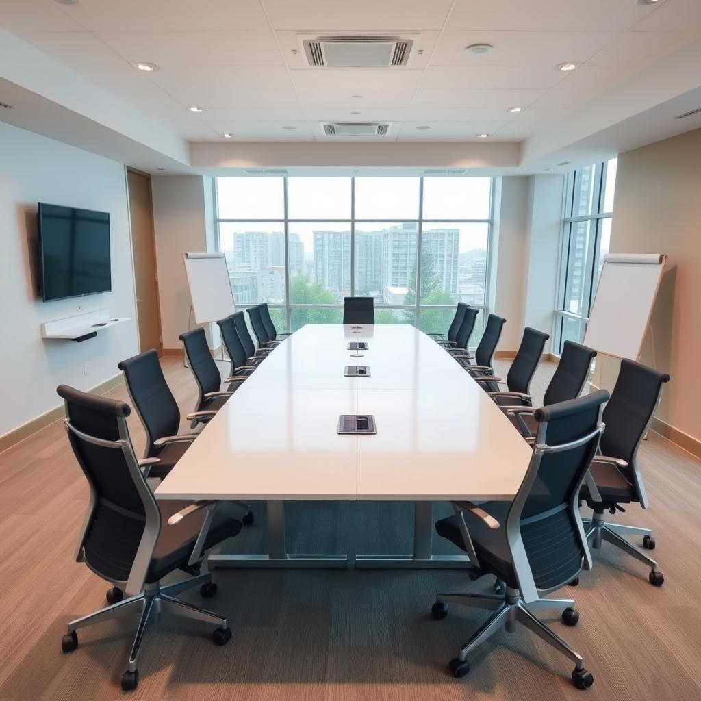 A spacious conference room equipped with two large conference tables, each stylishly arranged