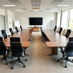 A spacious conference room equipped with two large conference tables, each stylishly arranged