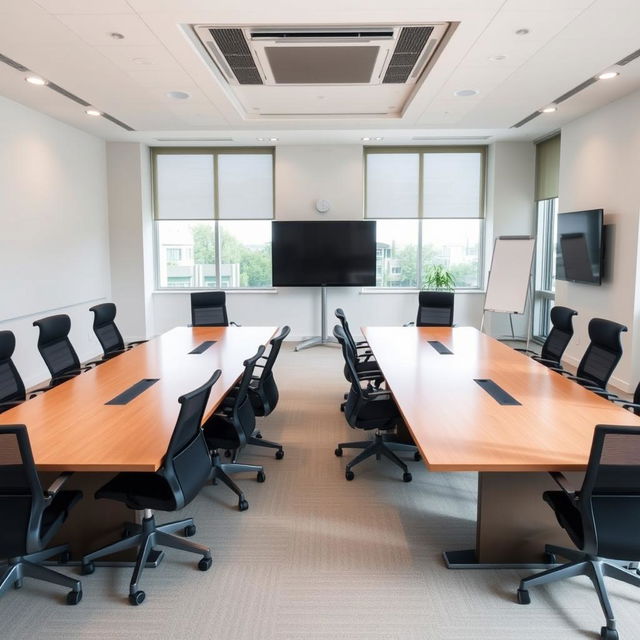 A spacious conference room equipped with two large conference tables, each stylishly arranged