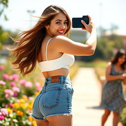 A playful scene featuring a confident young woman taking a selfie while playfully posing with her back to the camera, showcasing her stylish outfit and flattering silhouette