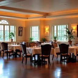 A spacious dining hall featuring five dining tables, each surrounded by four elegant chairs