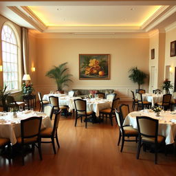 A spacious dining hall featuring five dining tables, each surrounded by four elegant chairs