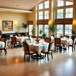 A spacious dining hall featuring five dining tables, each surrounded by four elegant chairs
