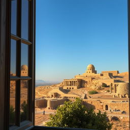 A beautiful window view overlooking breathtaking Syrian archaeological sites