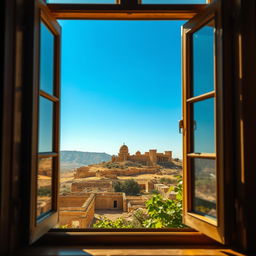 A beautiful window view overlooking breathtaking Syrian archaeological sites