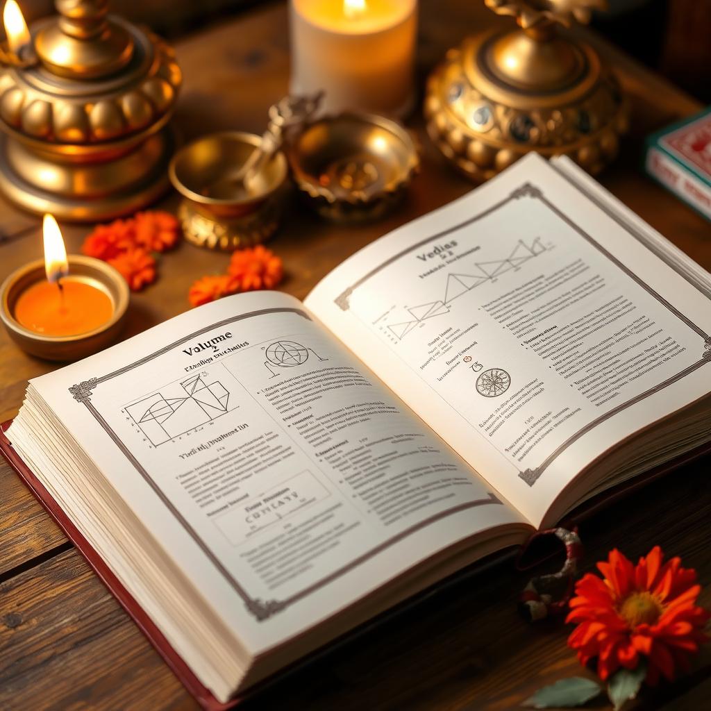 An open book displaying pages from 'Vedic Mathematics Volume 2', with elegant, intricate illustrations of mathematical diagrams and Vedic symbols