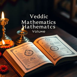 An open book displaying pages from 'Vedic Mathematics Volume 2', with elegant, intricate illustrations of mathematical diagrams and Vedic symbols