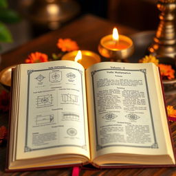An open book displaying pages from 'Vedic Mathematics Volume 2', with elegant, intricate illustrations of mathematical diagrams and Vedic symbols