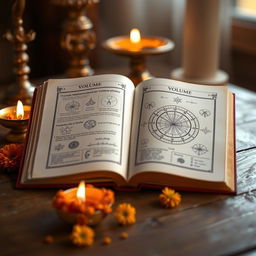 An open book displaying pages from 'Vedic Mathematics Volume 2', with elegant, intricate illustrations of mathematical diagrams and Vedic symbols