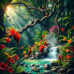 A vibrant, wild jungle scene bursting with colors, featuring a lush canopy of towering trees with thick, twisting vines
