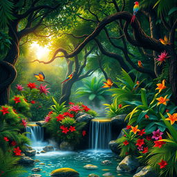 A vibrant, wild jungle scene bursting with colors, featuring a lush canopy of towering trees with thick, twisting vines