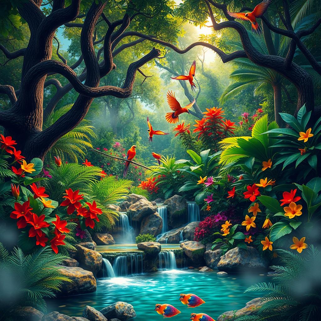 A vibrant, wild jungle scene bursting with colors, featuring a lush canopy of towering trees with thick, twisting vines