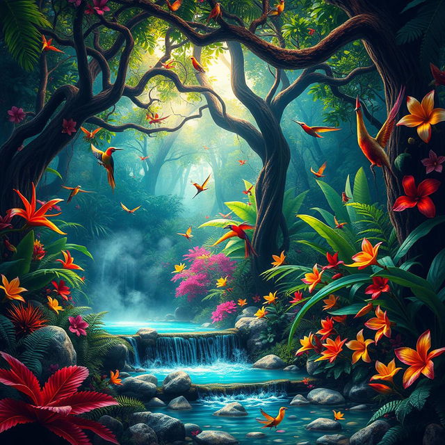 A vibrant, wild jungle scene bursting with colors, featuring a lush canopy of towering trees with thick, twisting vines