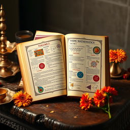 An open book showcasing 'Vedic Mathematics Volume 2', with rich, colorful illustrations of mathematical concepts and Vedic symbols on its pages